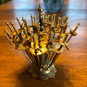 Vintage Toledo Spain gold/silver tone hand decorated 24 appetizer picks & stand